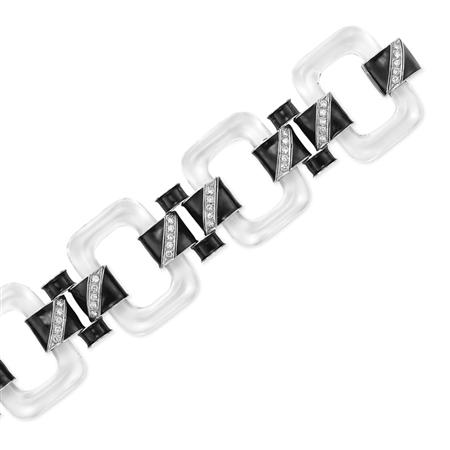 Lot image - Rock Crystal, Black Enamel and Diamond Bracelet