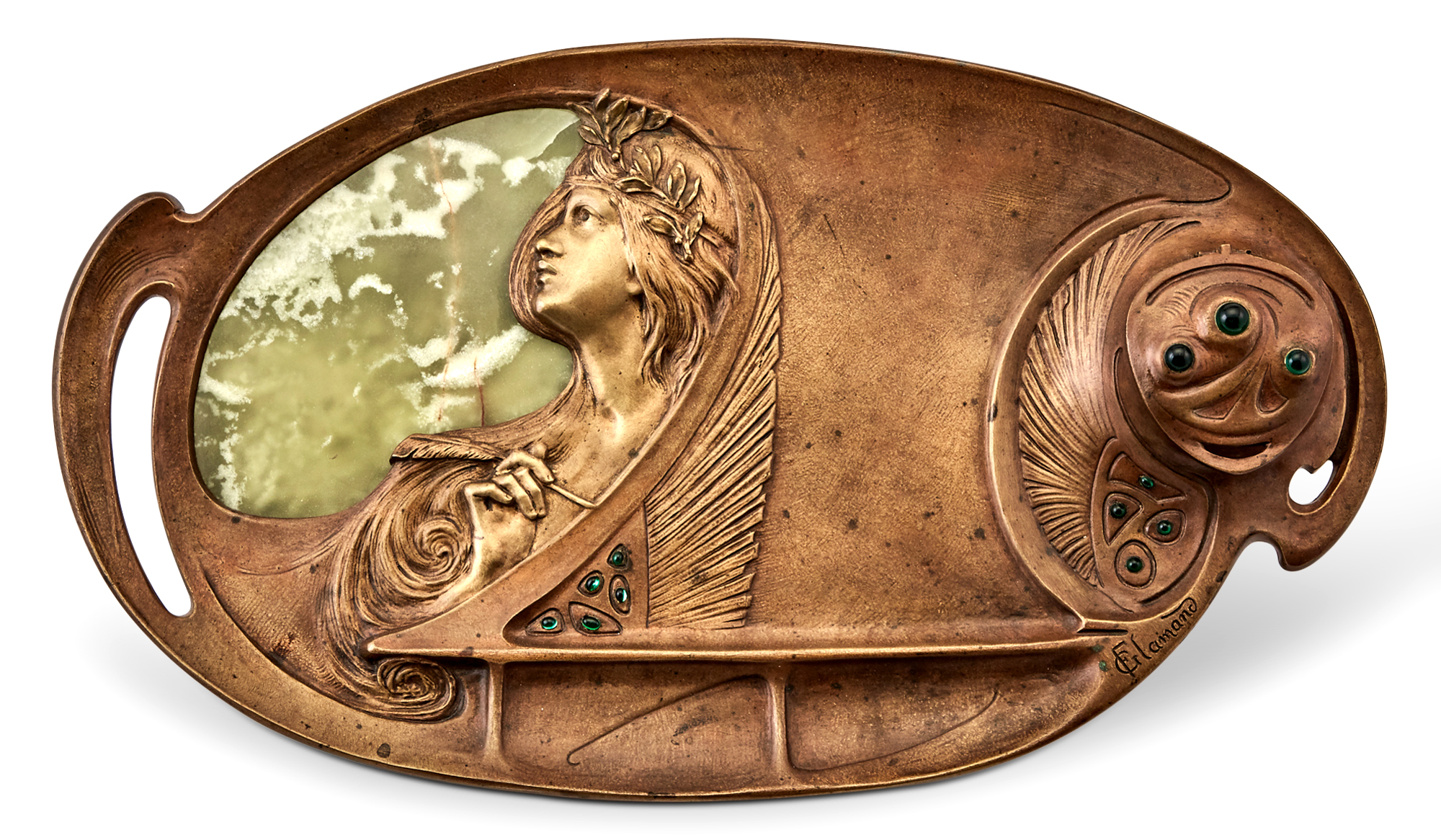 Lot image - French Art Nouveau Patinated Bronze, Glass and Green Onyx Inkstand