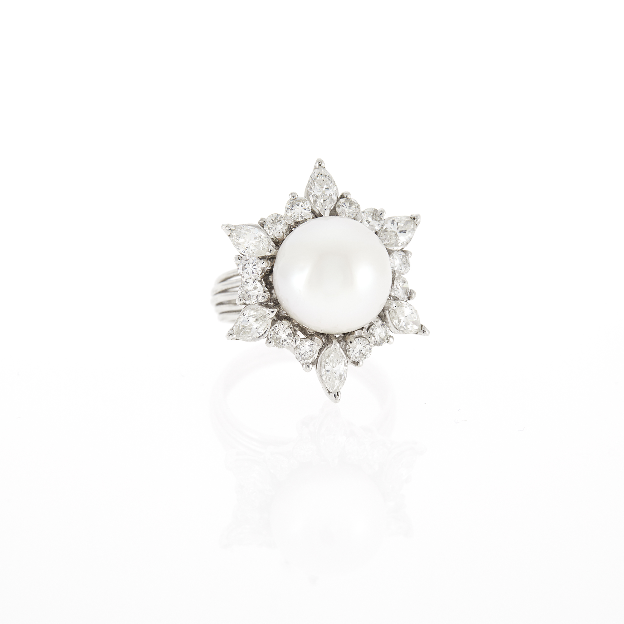 Lot image - White Gold, Cultured Pearl and Diamond Ring