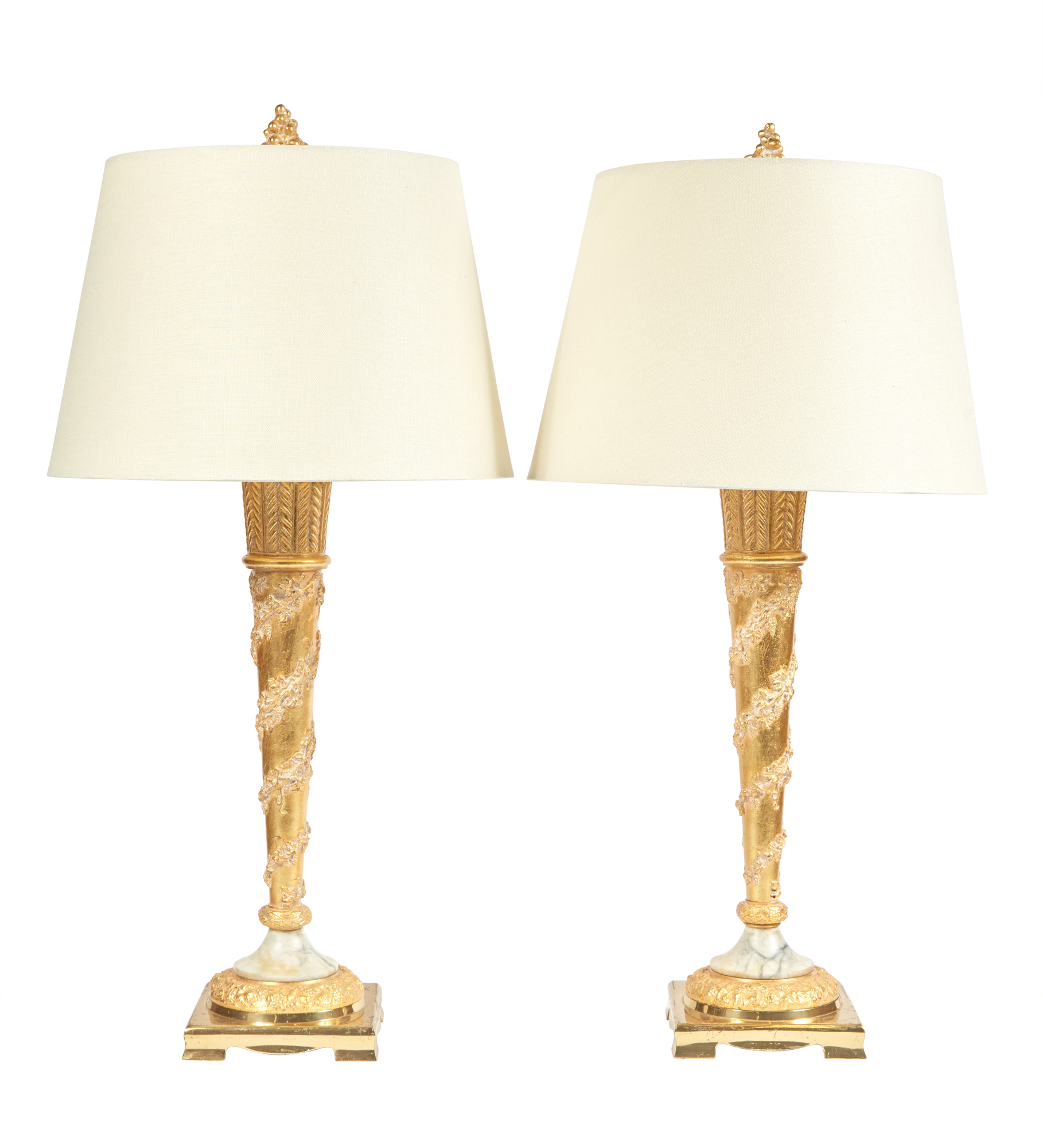 Lot image - Pair of Giltwood, Gilt-Metal and Marble Lamps