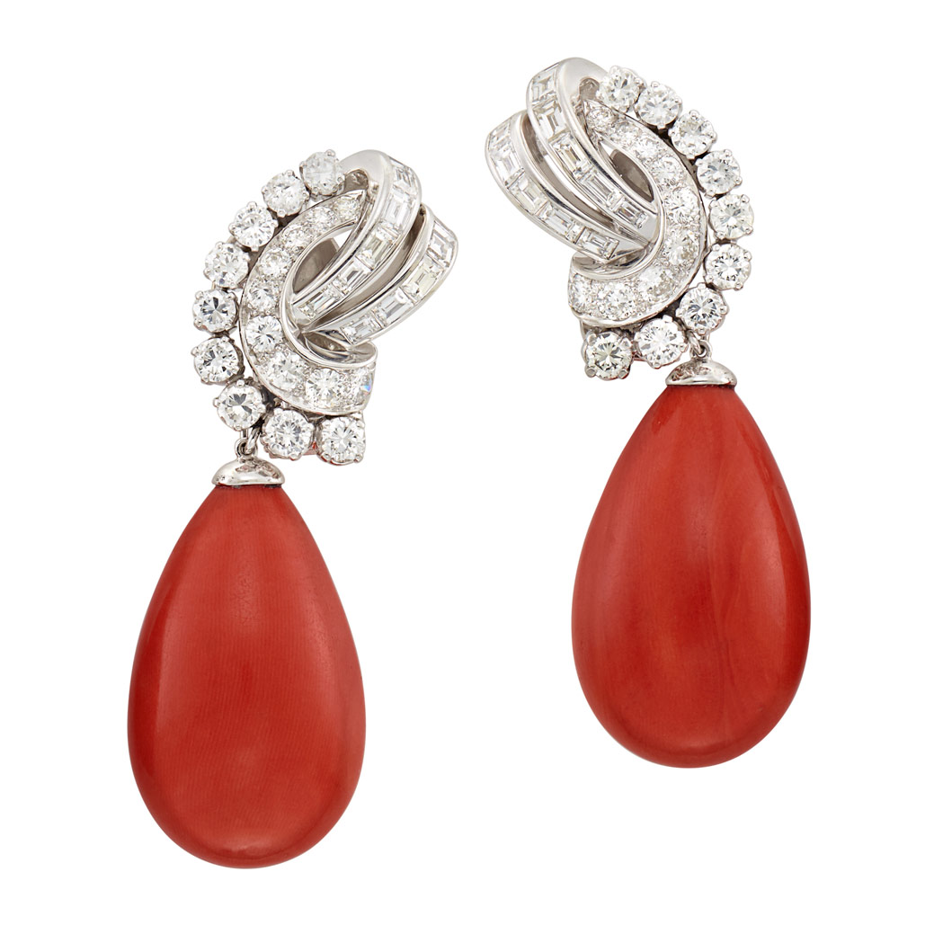 Lot image - Pair of Platinum, Diamond and Coral Pendant-Earclips