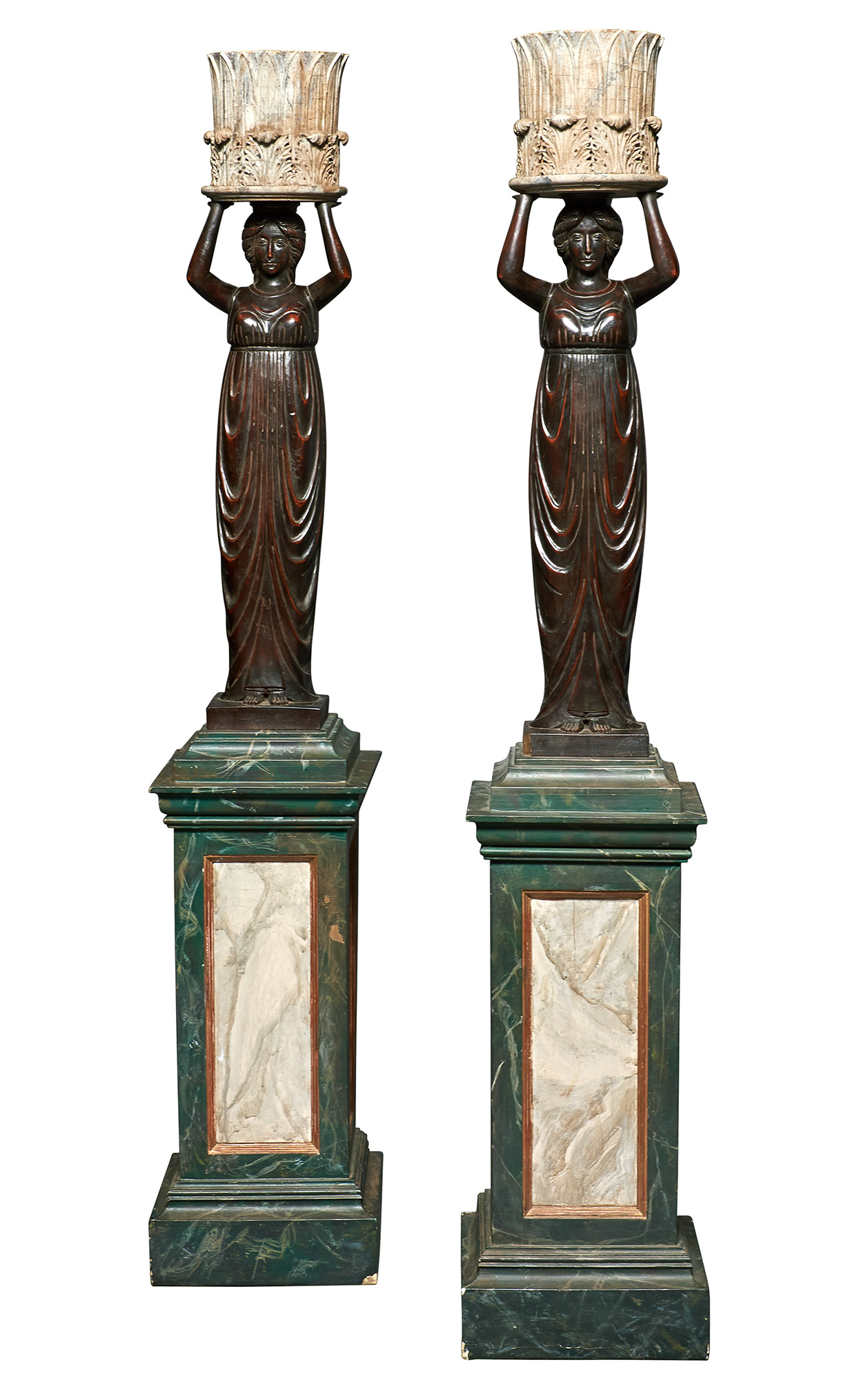 Lot image - Pair of Classical Stained Wood Canéphores Holding Jardinières