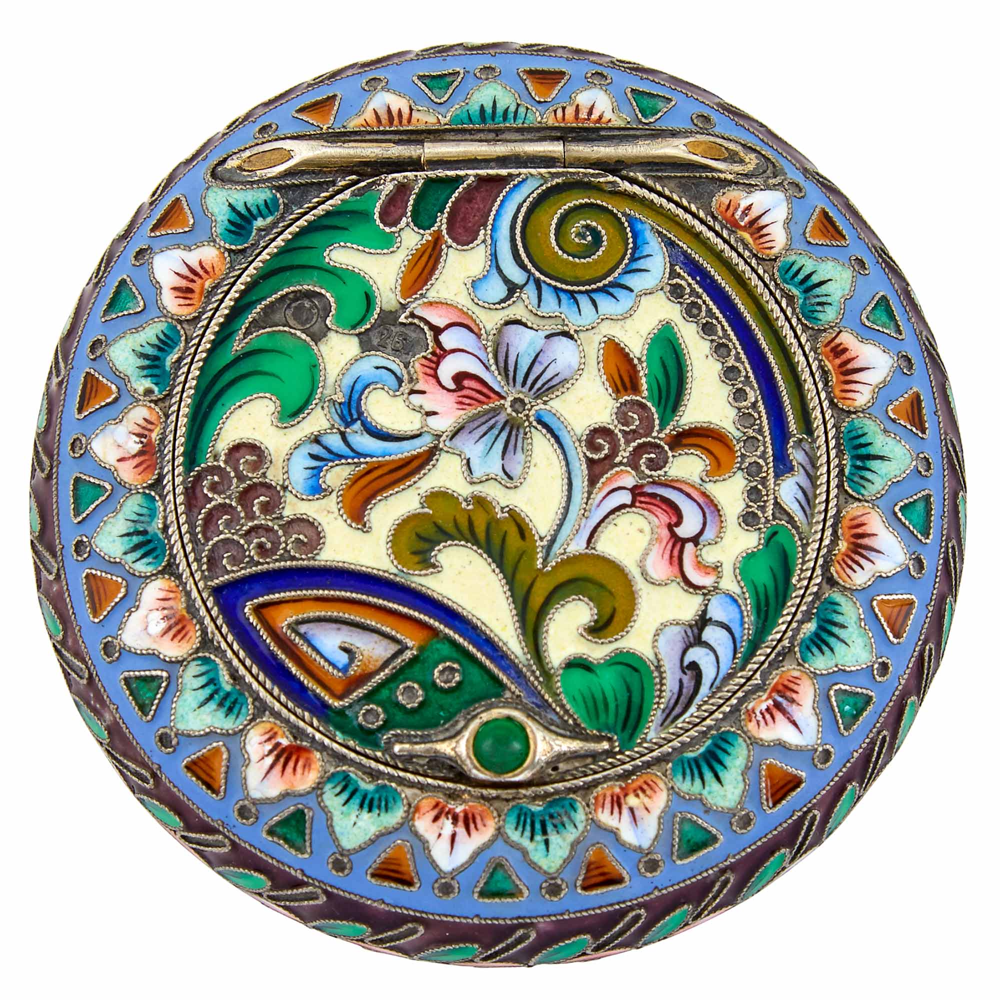 Lot image - Russian Silver-Gilt and Cloisonné Enamel Pill Box