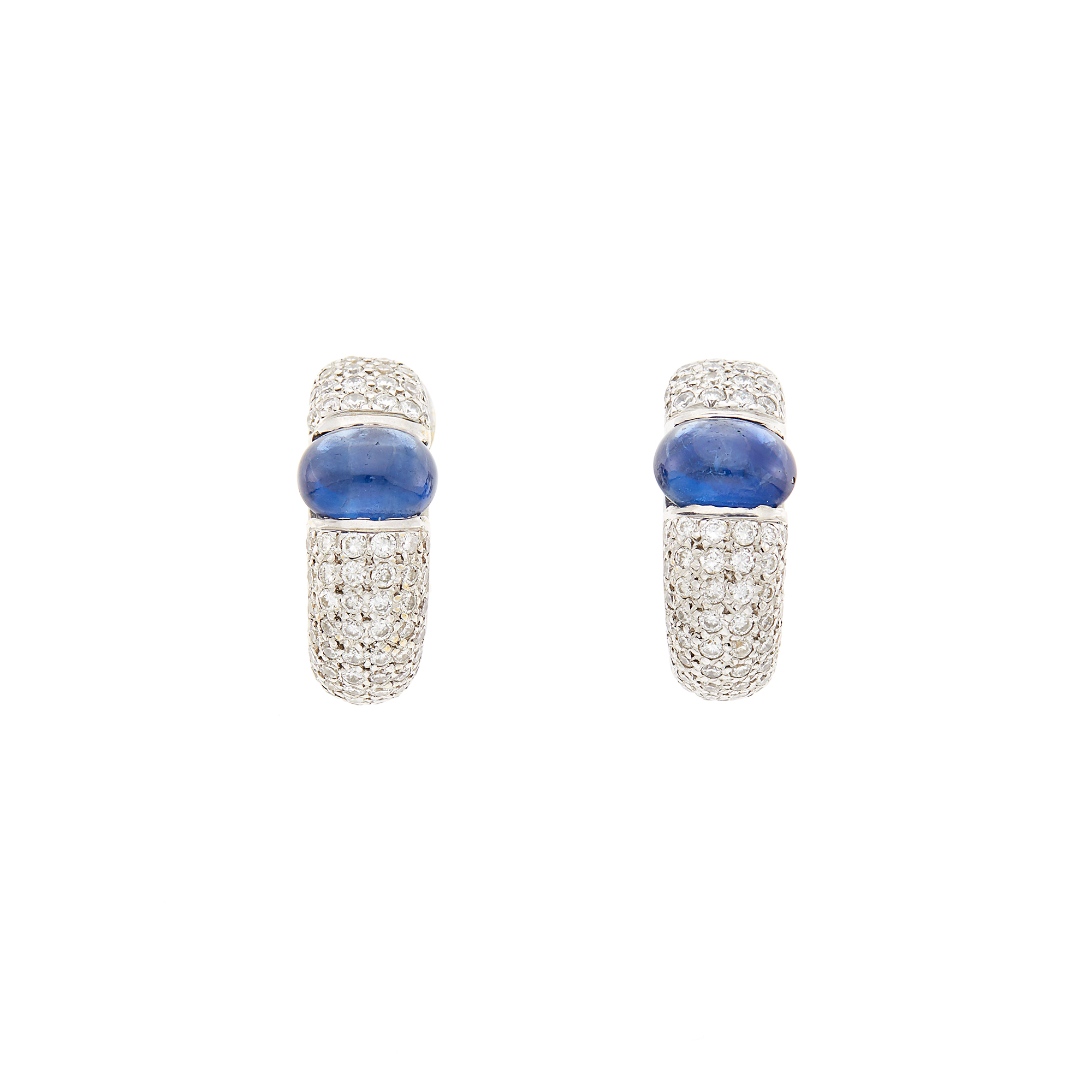 Lot image - Pair of White Gold, Cabochon Sapphire and Diamond Earrings