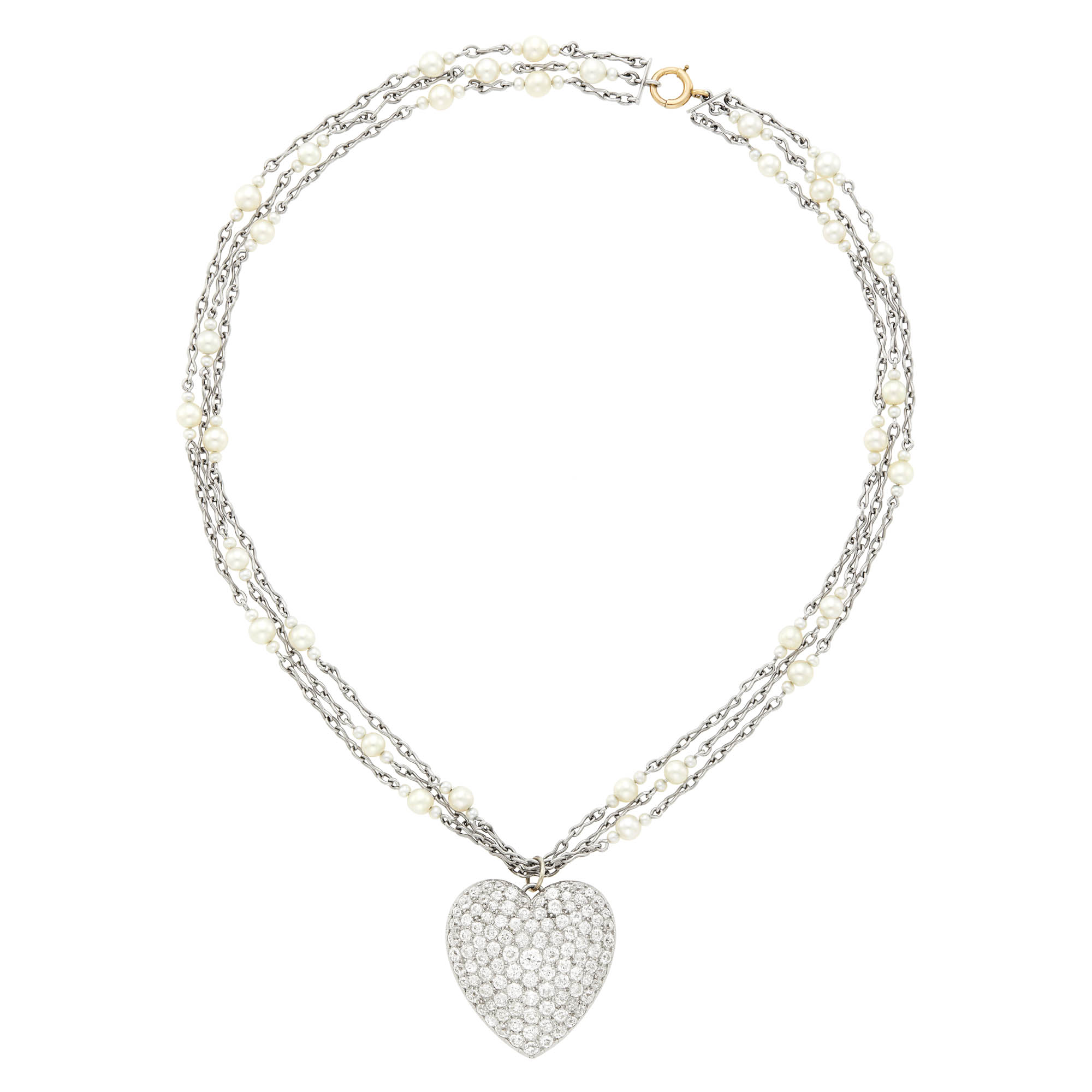 Lot image - Antique Platinum, Gold and Diamond Heart Pendant with Triple Strand Platinum and Cultured Pearl Chain Necklace
