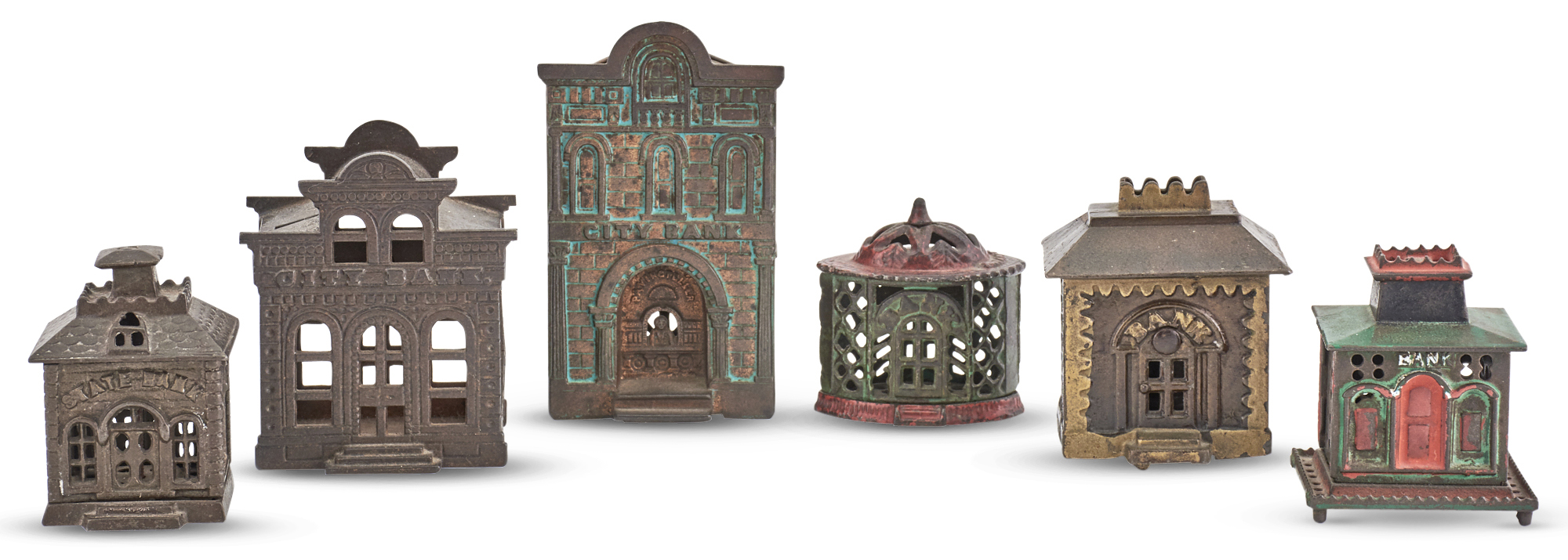 Lot image - Group of Six Cast Iron and Metal Still Banks