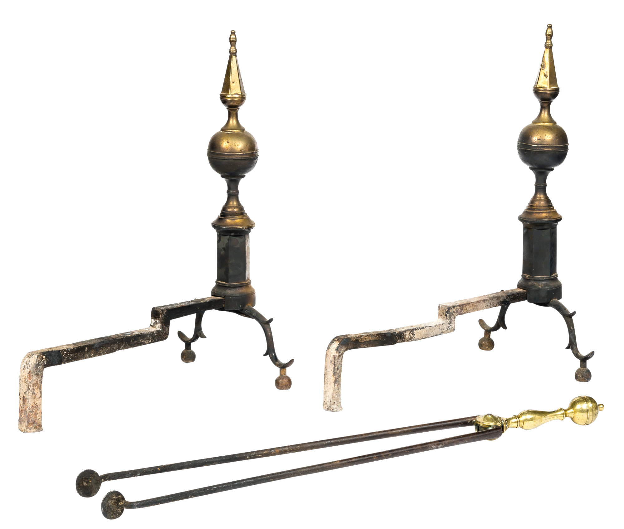 Lot image - Pair of Federal Brass Steeple-Top Andirons and Fire Tongs
