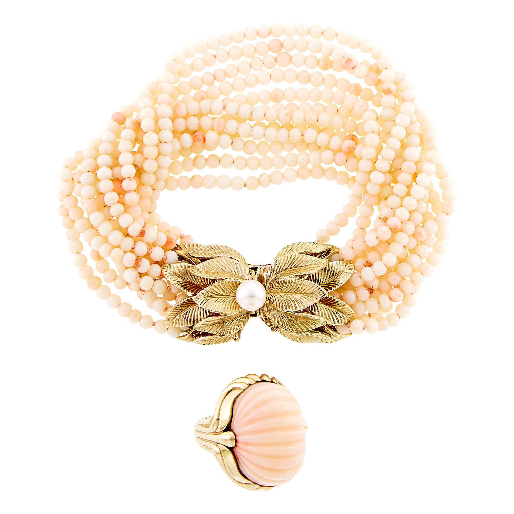 Lot image - Tiffany & Co. Multistrand Coral Bead Bracelet with Gold and Cultured Pearl Clasp and Carved White Coral Ring