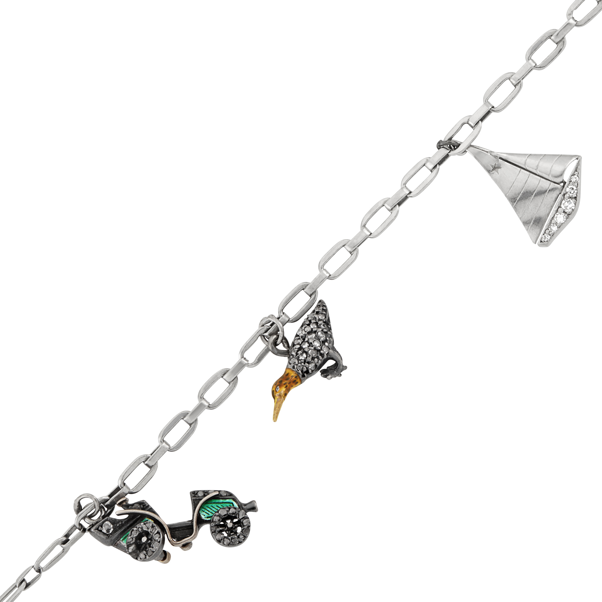 Lot image - Antique Silver, Platinum, Diamond and Enamel Sailboat, Car, Bird and Racehorse Charm Bracelet