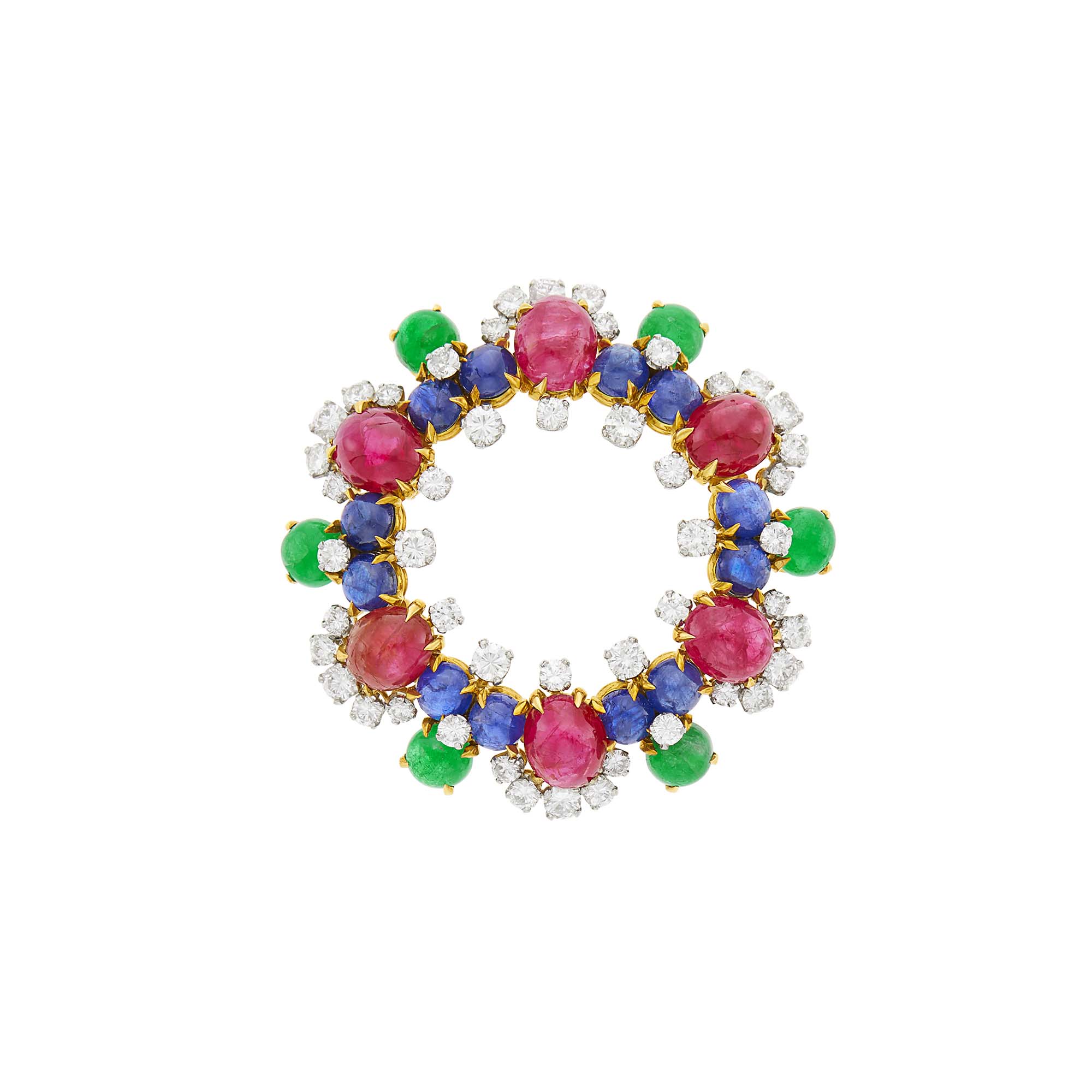 Lot image - Bulgari Gold, Platinum, Cabochon Colored Stone and Diamond Circle Brooch