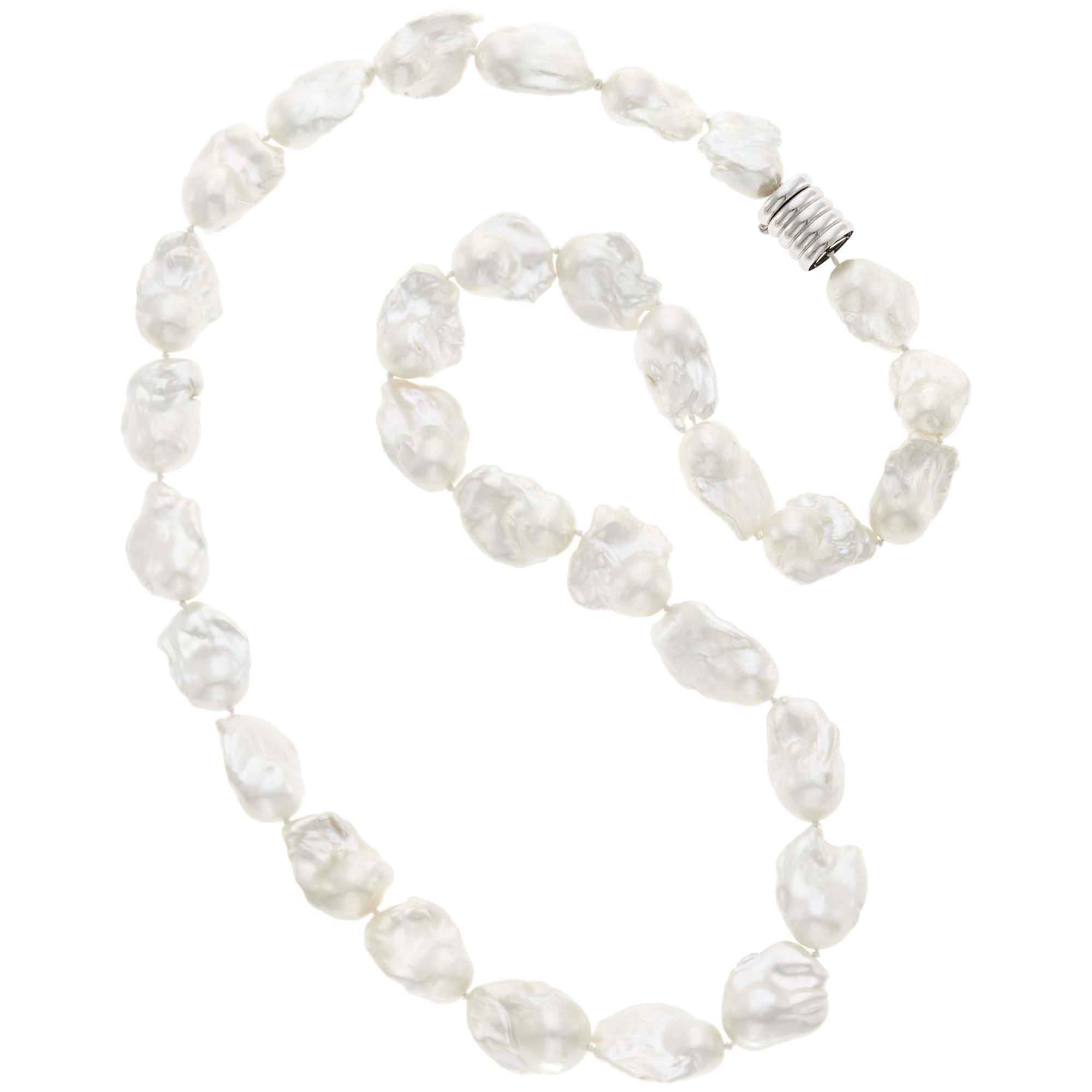 Lot image - Long Baroque Freshwater Pearl Necklace with White Gold Clasp