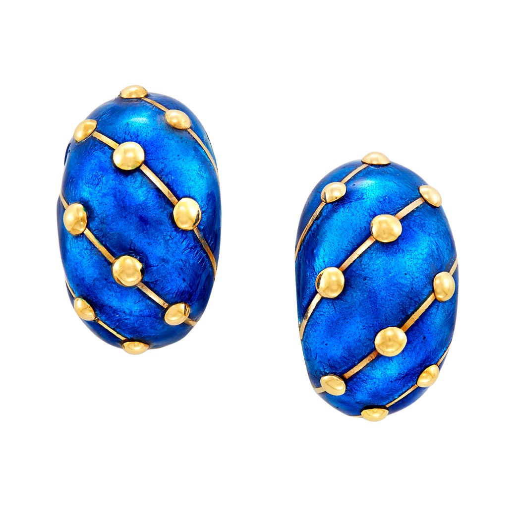 Lot image - Pair of Gold and Blue Enamel Earclips, Tiffany & Co., Schlumberger, France
