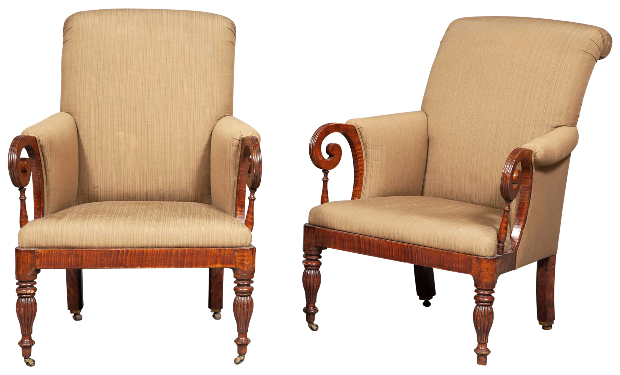 Lot image - Pair of Classical Maple Upholstered Armchairs