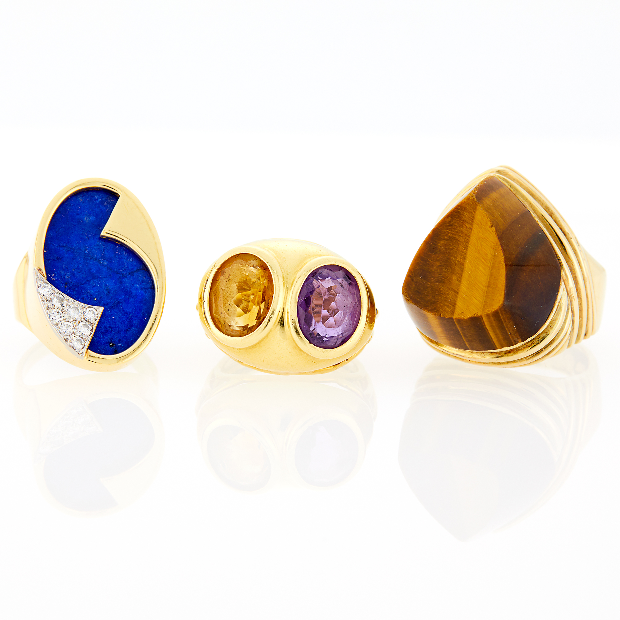 Lot image - Gold and Tigers Eye Ring, Lapis and Diamond Ring and Amethyst and Citrine Ring