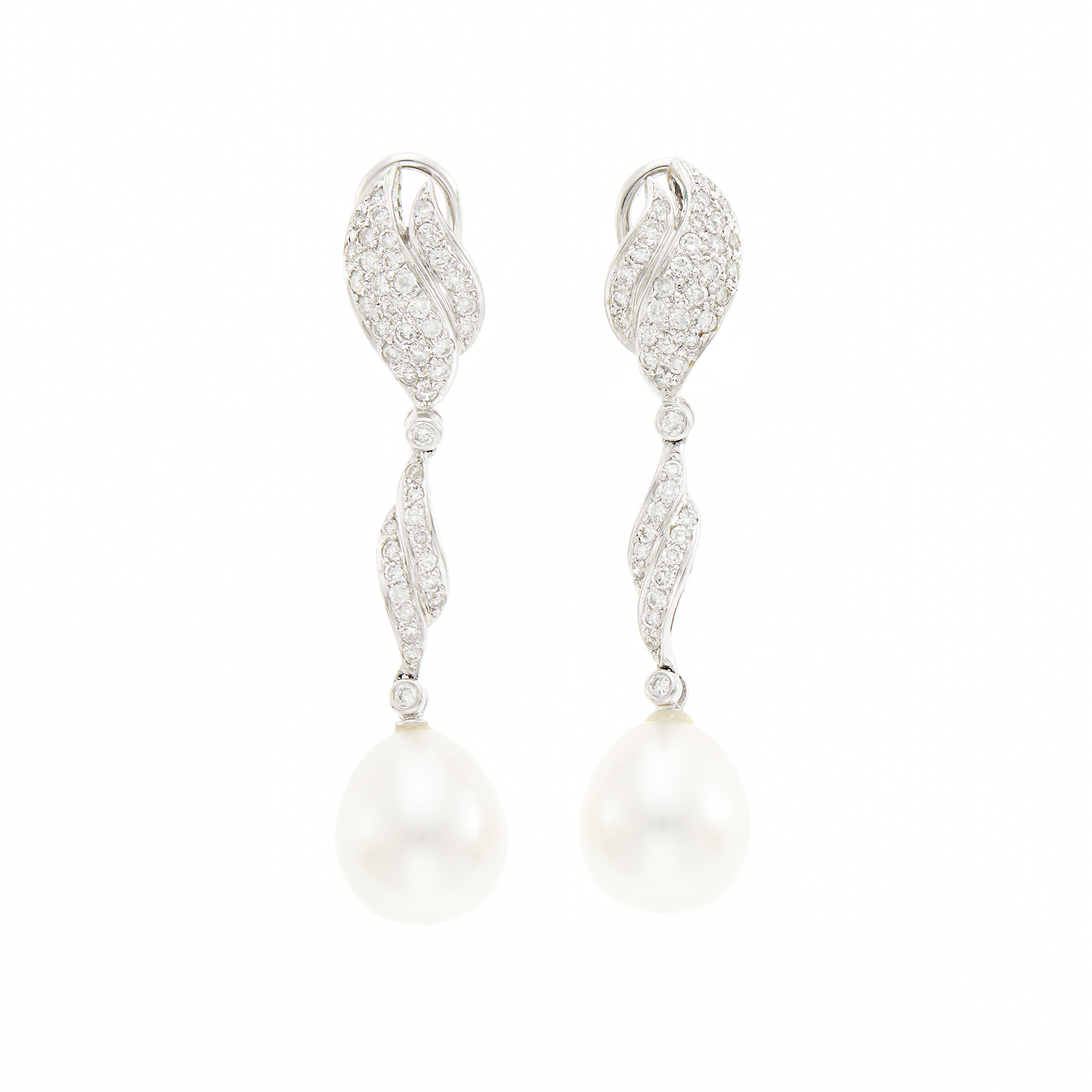 Lot image - Pair of White Gold, Diamond and Cultured Pearl Pendant-Earclips