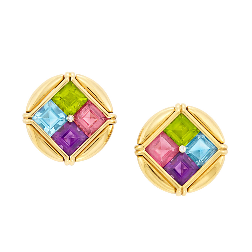 Lot image - Pair of Gold, Multicolored Stone and Diamond Earclips, Bulgari