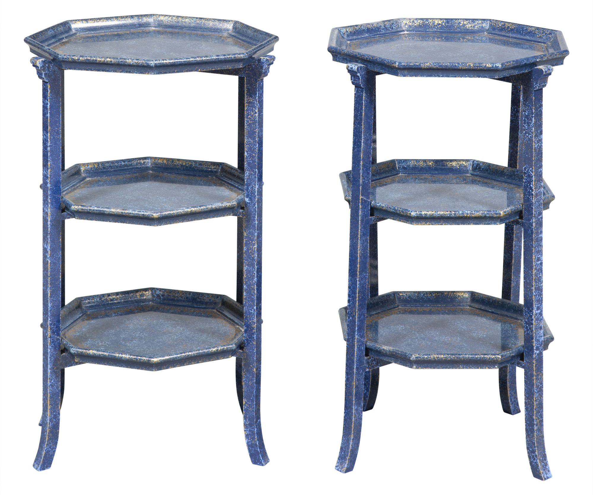 Lot image - Pair of Blue Painted and Parcel Gilt Wood Three-Tier Etageres