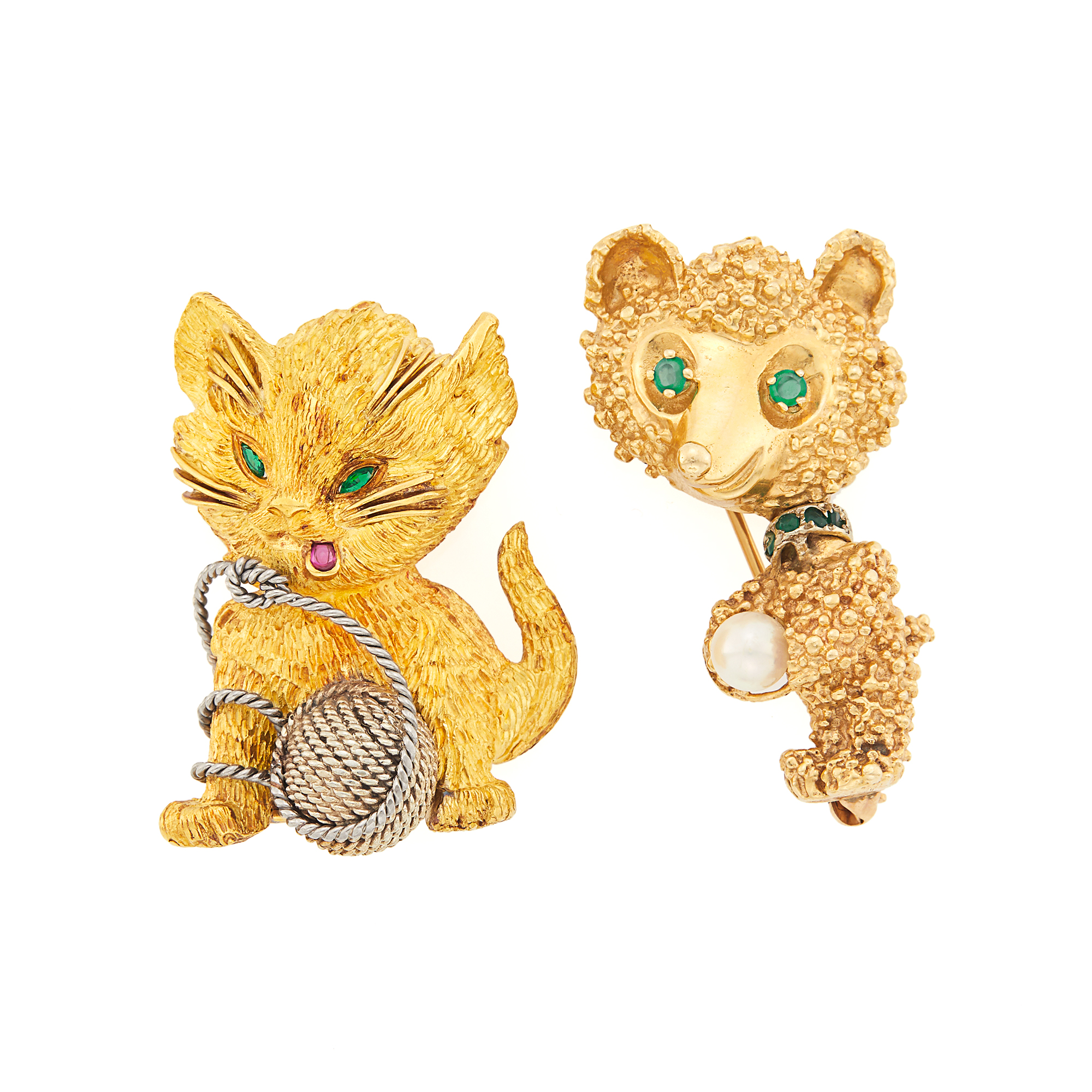 Lot image - Gold, Dyed Green Chalcedony and Cultured Pearl Bear Pin and Tiffany & Co. Two-Color Gold and Gem-Set Cat Clip-Brooch, France