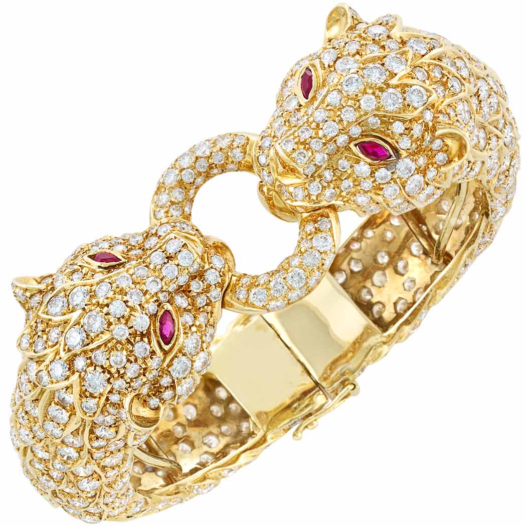 Lot image - Gold and Diamond Panther Head Bangle Bracelet
