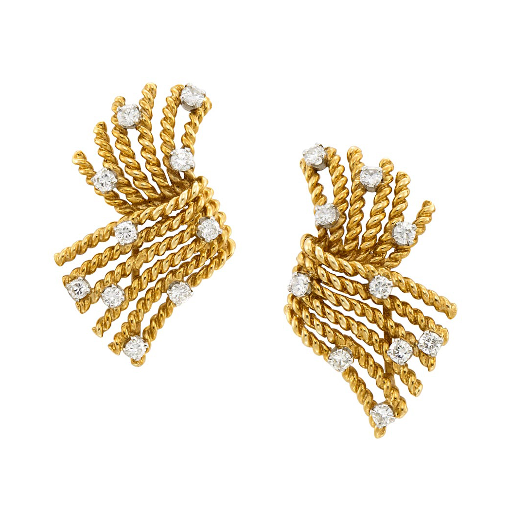 Lot image - Pair of Gold, Platinum and Diamond 'V-Rope' Earclips, Tiffany & Co., Schlumberger