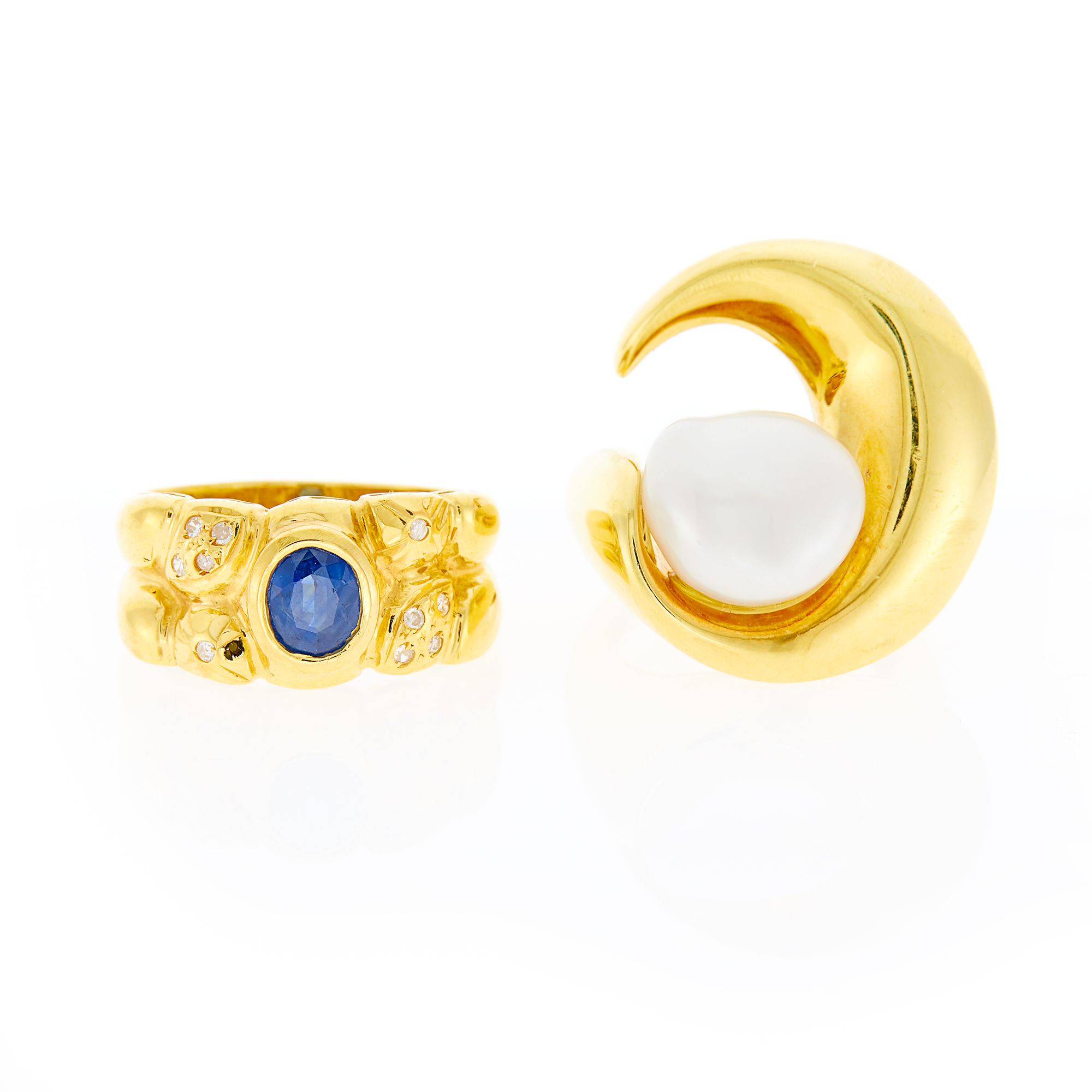 Lot image - Two Gold, Baroque Freshwater Pearl, Sapphire and Diamond Rings