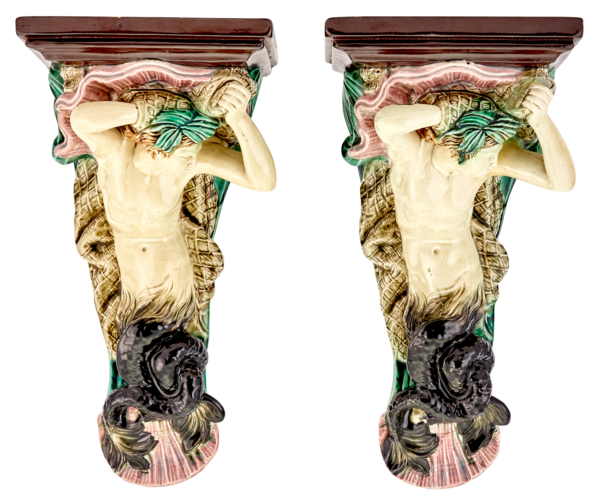 Lot image - Companion Pair of Minton & Co. Majolica Figural Wall Brackets
