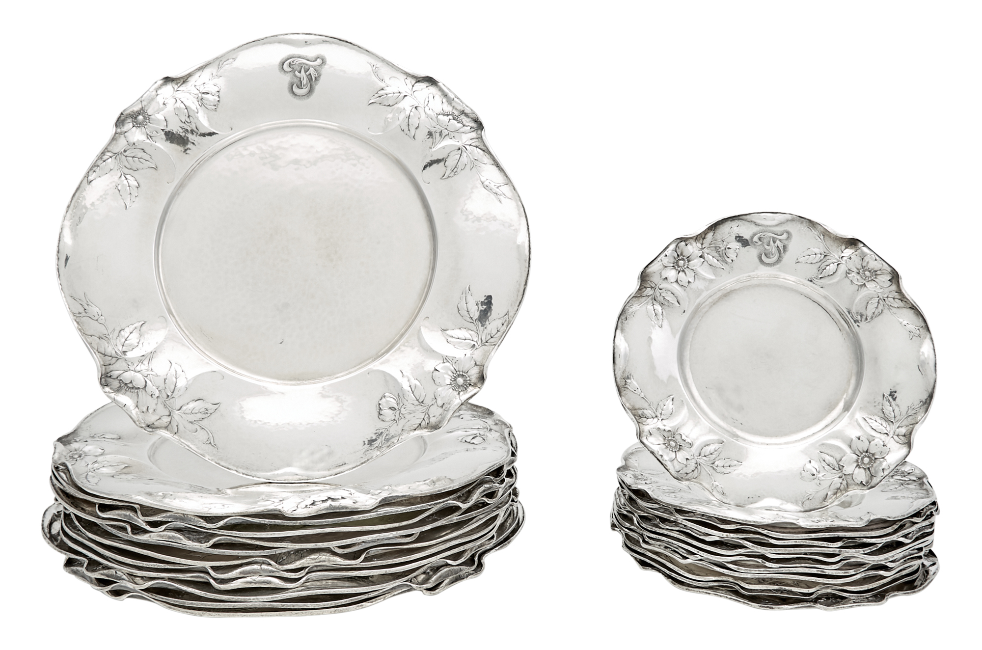 Lot image - Set of Twelve Gorham Martele Sterling Silver Dinner Plates and Twelve Sterling Silver Bread Plates