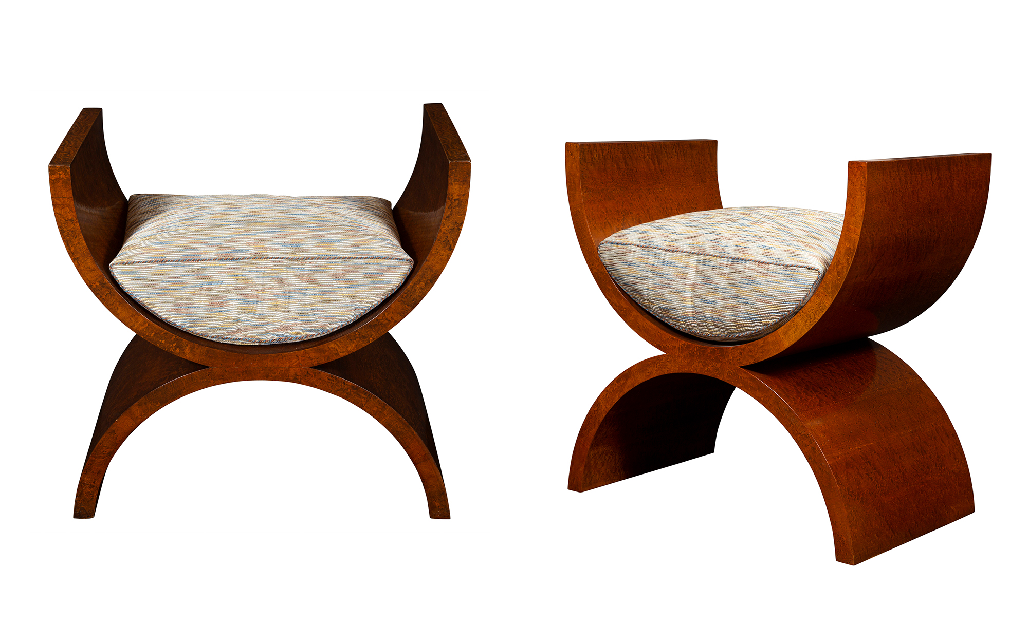 Lot image - Pair of Burlwood Curule-Form Benches