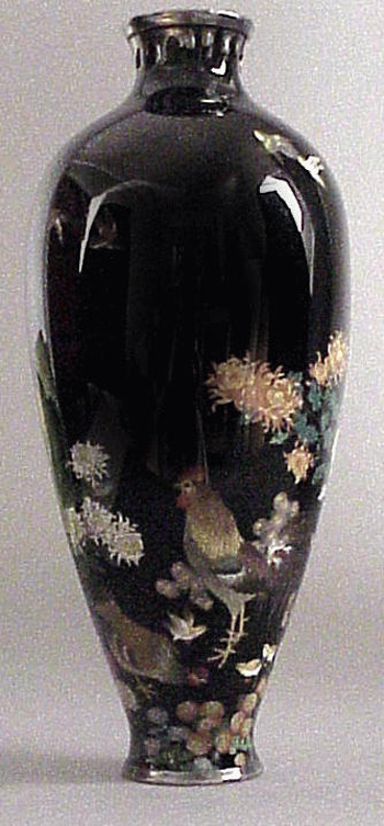 Lot image - Fine Black-Ground, Silver-Mounted and Silver Wire Cloisonne Vase Meiji Period, signed on a screw-off silver square Kyoto Namikawa