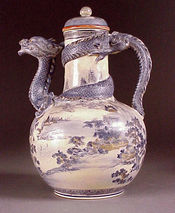 Lot image - Blue Satsuma Dragon Ewer Circa 1900, signed Satsuma