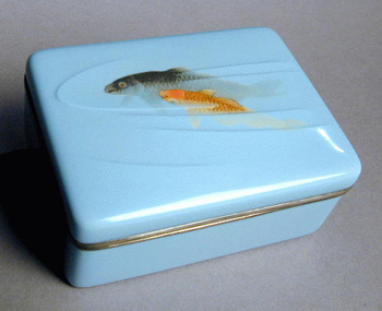 Lot image - Shaded Aqua-Ground Cloisonne Box Attributed to Ando Jubei  With silver edges, the box is decorated on the top in shaded and