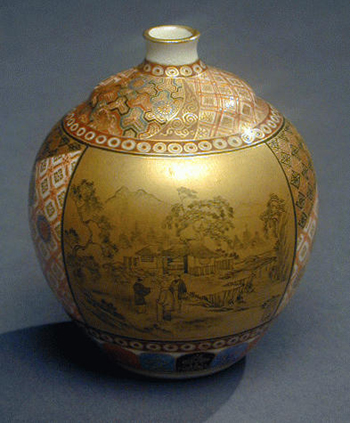 Lot image - Finely Enameled, Silvered and Gilded, Miniature Satsuma Ovoid Vase Meiji Period, stamped Kinkozan sei and signed Kinkozan