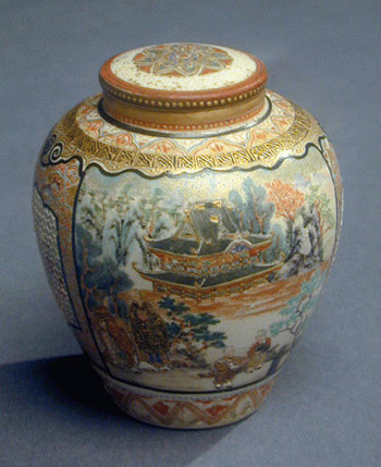 Lot image - Finely-Painted and Pate-sur-Pate Miniature Satsuma Vase Meiji Period, signed Jorai sei   Between narrow, enameled geometric ba