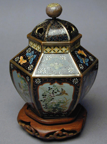 Lot image - Silvered-Copper Mounted Hexagonal Cloisonne Covered Vase Meiji Period, Adachi (?) stamp  Five panels are decorated within a shaped r