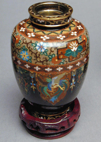 Lot image - Fine Chocolate Ground, Silver and Silver Gilt-Mounted, Brocaded Cloisonne Vase Attributed to Jubei Ando mark, Meiji Period