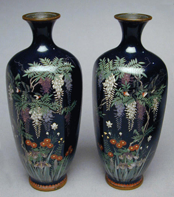 Lot image - Good Pair of Midnight Blue, Silver Wire, Cloisonne Wisteria Vases Meiji Period, stamped Yo