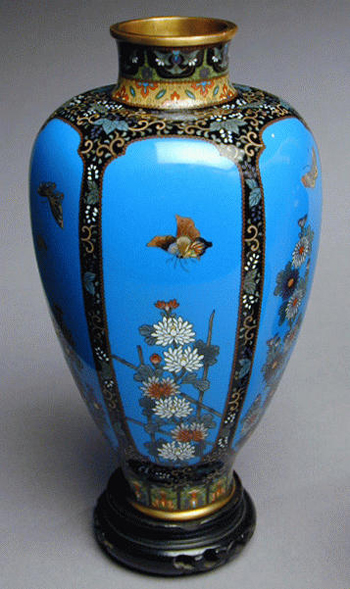 Lot image - Sky Blue Hexagonal Cloisonne Vase Meiji Period
