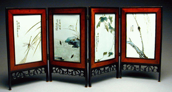 Lot image - Small Guangzhou Enameled Porcelain Four-Fold Table Screen Cyclically dated 1937, signed Li Mingliang, probably Tsujiang Factor