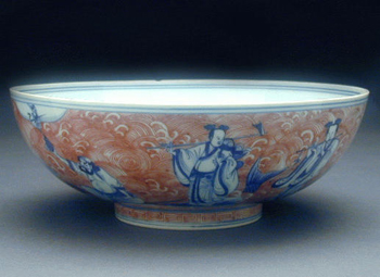 Lot image - Underglaze Blue and Copper Red Immortals Bowl Six-Character Seal of Qianlong and of the Period