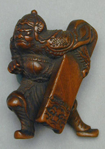 Lot image - Boxwood Netsuke of Hankai Carrying a Palace Door 19th Century, signed Hidemasa