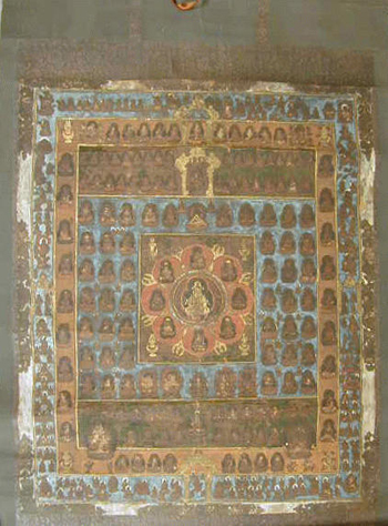 Lot image - Anonymous TWO HAND-COLORED WOODBLOCKS: DAINICHI NYORAI MANDARA; HACHIMAN TRIAD Muromachi and Edo Periods