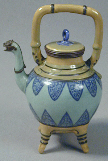 Lot image - Celadon and Ochre-Glazed Footed Ewer Circa 1890, signed in a square, Makuzu Kozan sei (Makuzu Kozan Nidai)