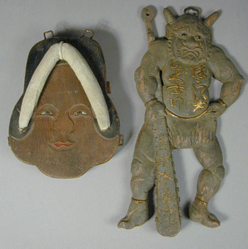 Lot image - Two Wood Shop Signs of Oni and Okame Meiji Periuod