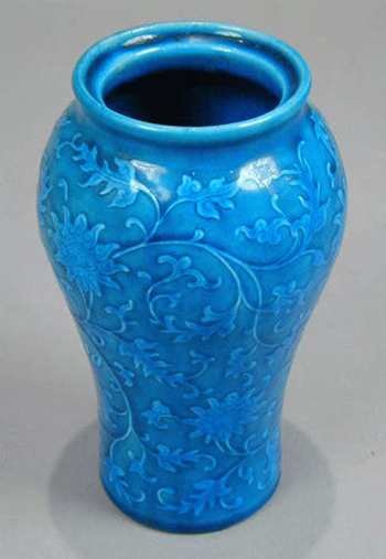 Lot image - Finely-Carved Blue-Glazed Porcelain Vase Four-Character Xuande Mark, 18th century