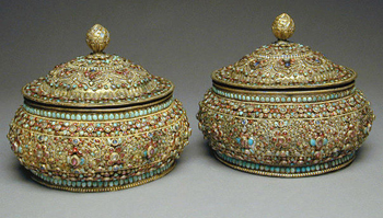 Lot image - Pair of Decorated Nepalese Gilt-Metal Caskets and Covers Early 20th century