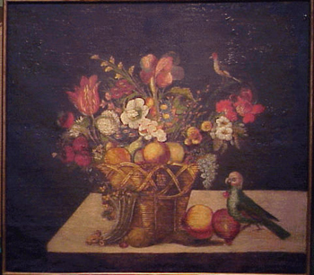 Lot image - Continental School STILL LIFE WITH FLOWERS, BASKET AND A PARROT Oil on canvas 32 x 36 inches (81.3 x 91.5 cm.)...