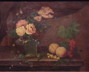 Lot image - William (Quaker) Pegg STILL LIFE WITH FLOWERS IN A VASE AND FRUIT Oil on canvas 13 1/2 x 17 1/2 inches (34.3 x 44.4 cm.)