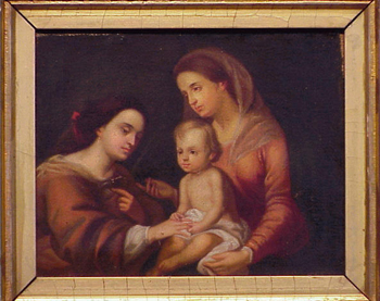 Lot image - After Esteban Murillo MARRIAGE OF SAINT CATHERINE OF ALEXANDRIA Oil on canvas 7 3/4 x 9 3/4 inches (19.6 x 24.7 cm.)...