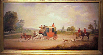 Lot image - Attributed to William J. Shayer COACH WITH HUNTERS IN TOW Oil on canvas 25 1/4 x 49 3/4 inches (64.2 x 126.4 cm.)...