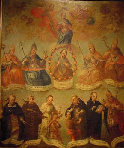 Lot image - French Provincial School 18th Century CORONATION OF THE VIRGIN WITH JOSEPH AND EIGHT SAINT PETERS Oil on canvas 42 1...